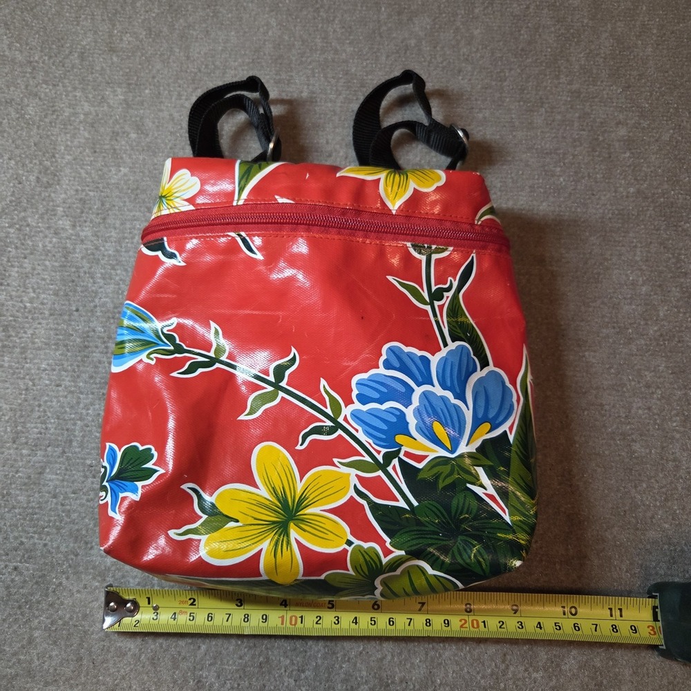 Oilcloth Red Floral Backpack Tote Bag  Esprit Medium Size With Adjustable Straps